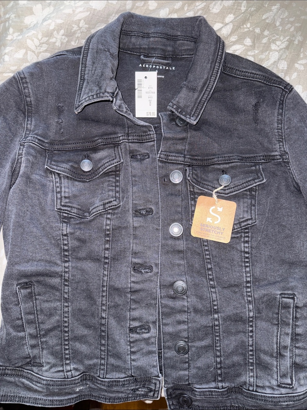 Aeropostale Distressed Black Stretch Denim Jacket Size Small